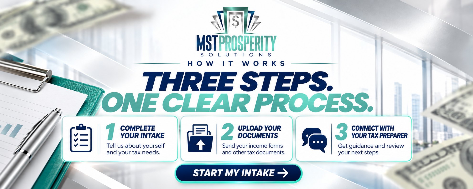 How it works — three steps, one clear process: complete your intake, upload your documents, connect with your tax preparer.